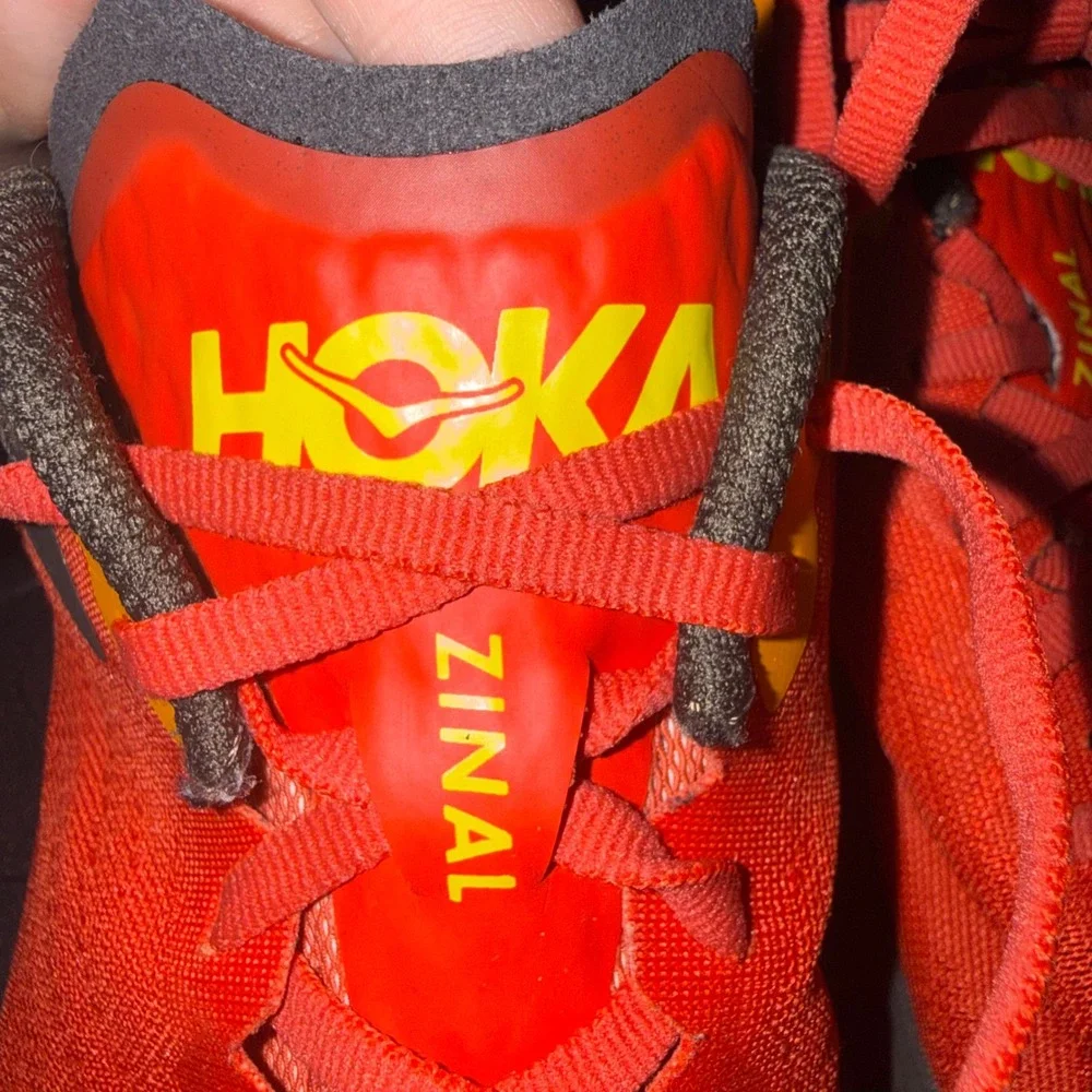 Hoka Zinal Mens 10.5D Vibram Megagrip Trail Running Shoes Red Orange Sneakers